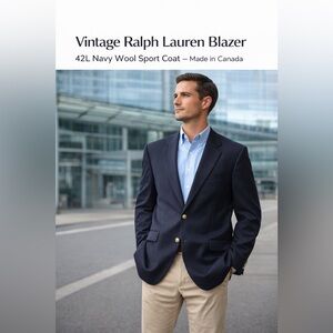 Vintage Ralph Lauren Blazer 42L Navy Wool Sport Coat Made in Canada Union Made